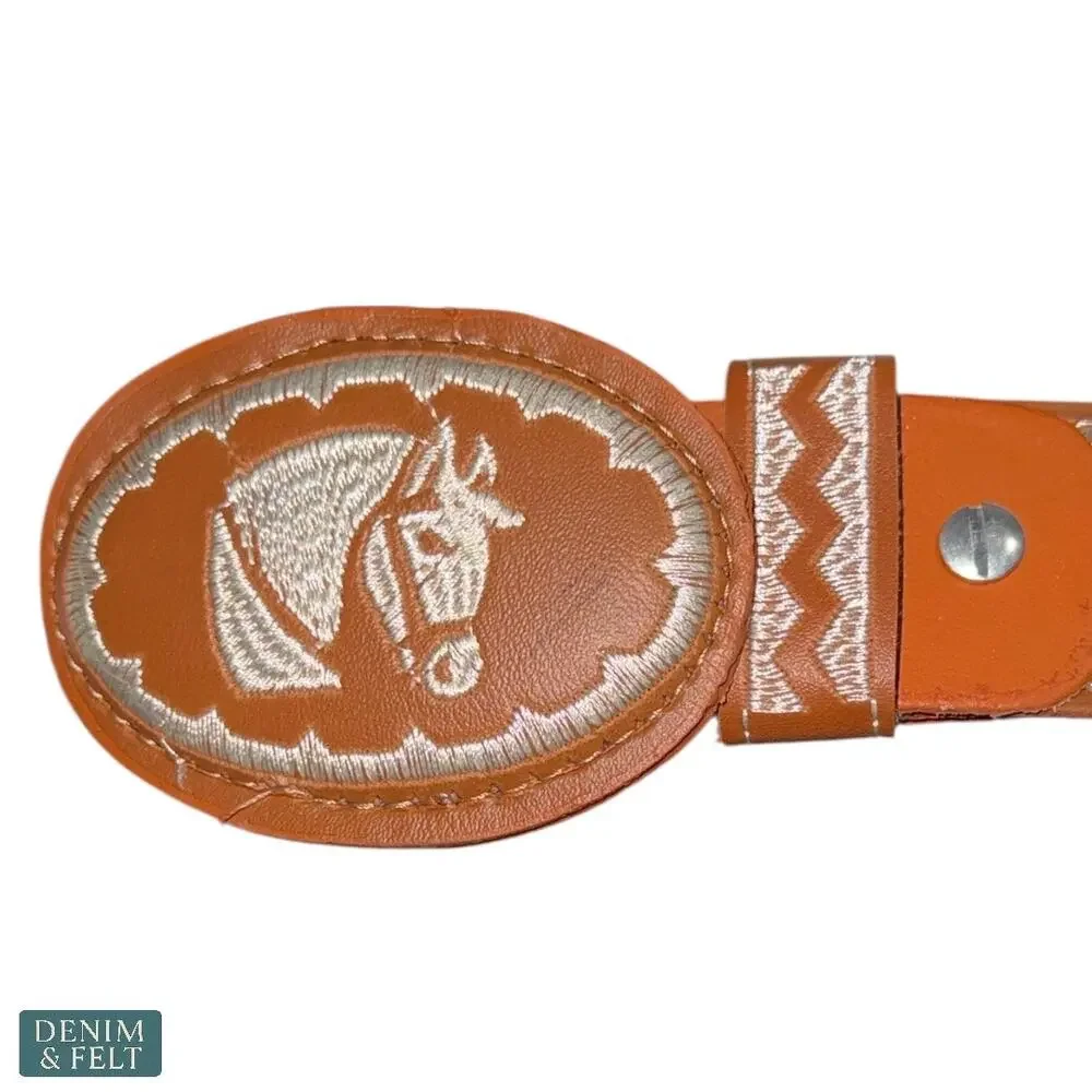 NEW Cinturones Moreno Leather Embroidered Horse Buckle Belt Cognac Western Rodeo